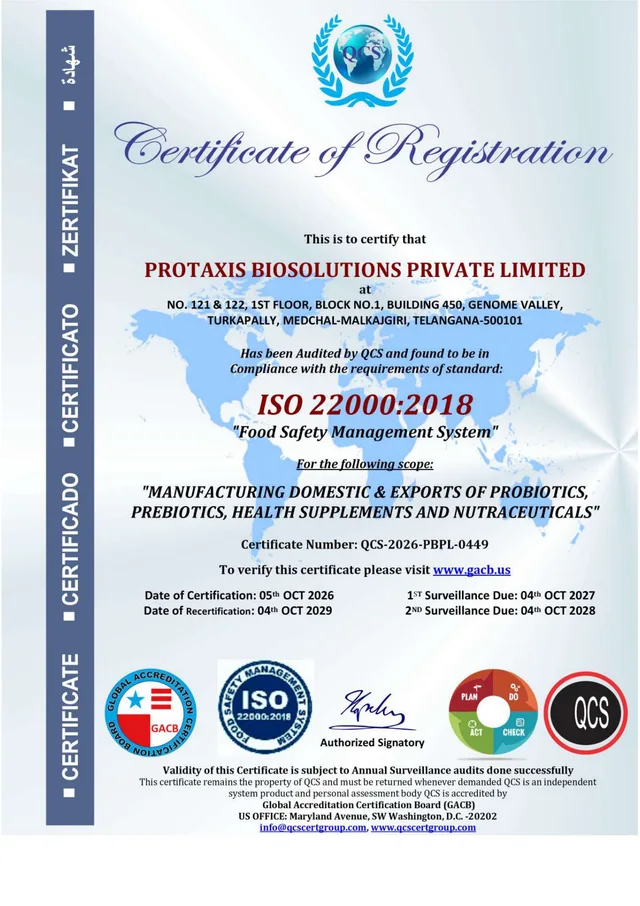 ISO 22000:2018 certificate copy supplied by Protaxis Biosolutions