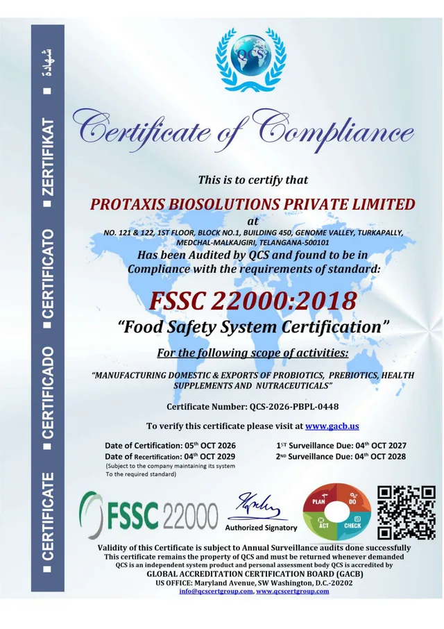 FSSC 22000:2018 certificate copy supplied by Protaxis Biosolutions
