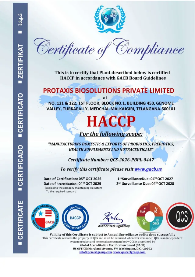 HACCP certificate copy supplied by Protaxis Biosolutions