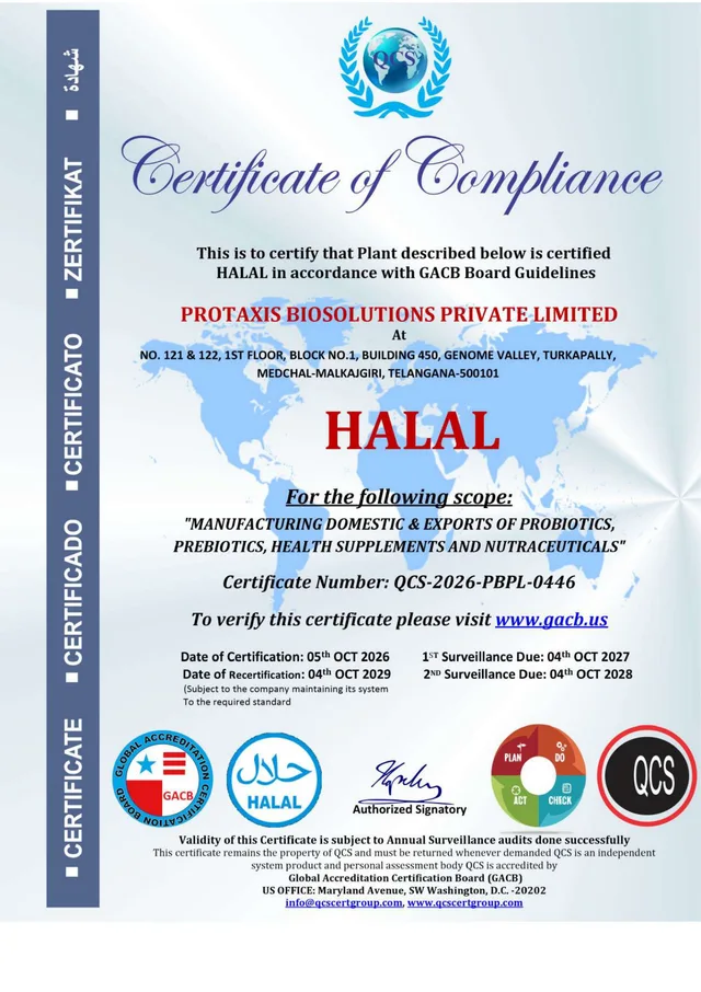 HALAL certificate copy supplied by Protaxis Biosolutions