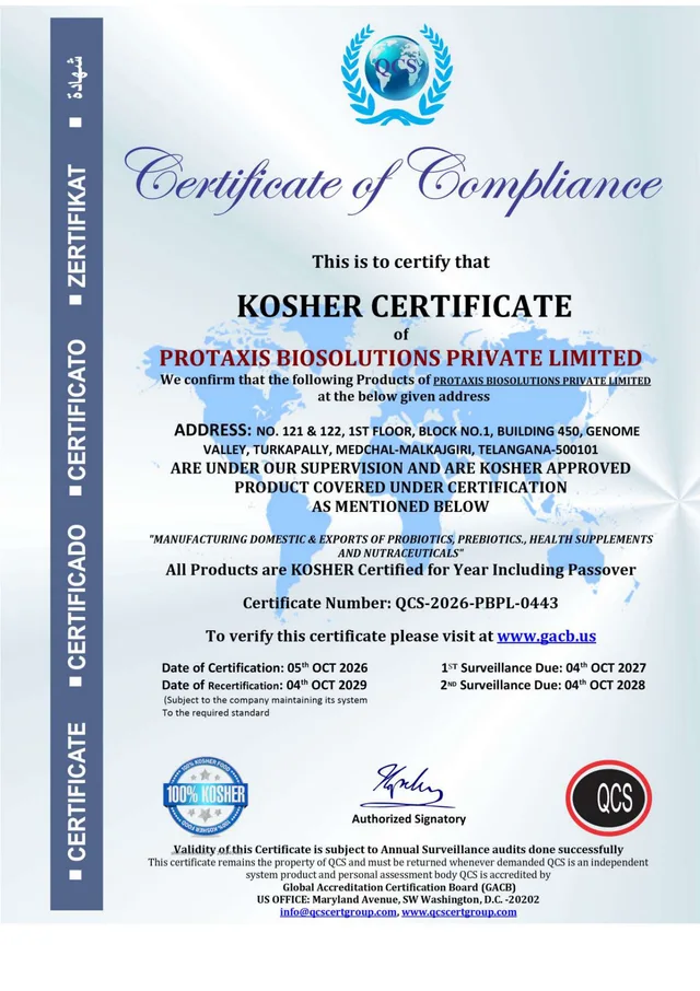 KOSHER certificate copy supplied by Protaxis Biosolutions