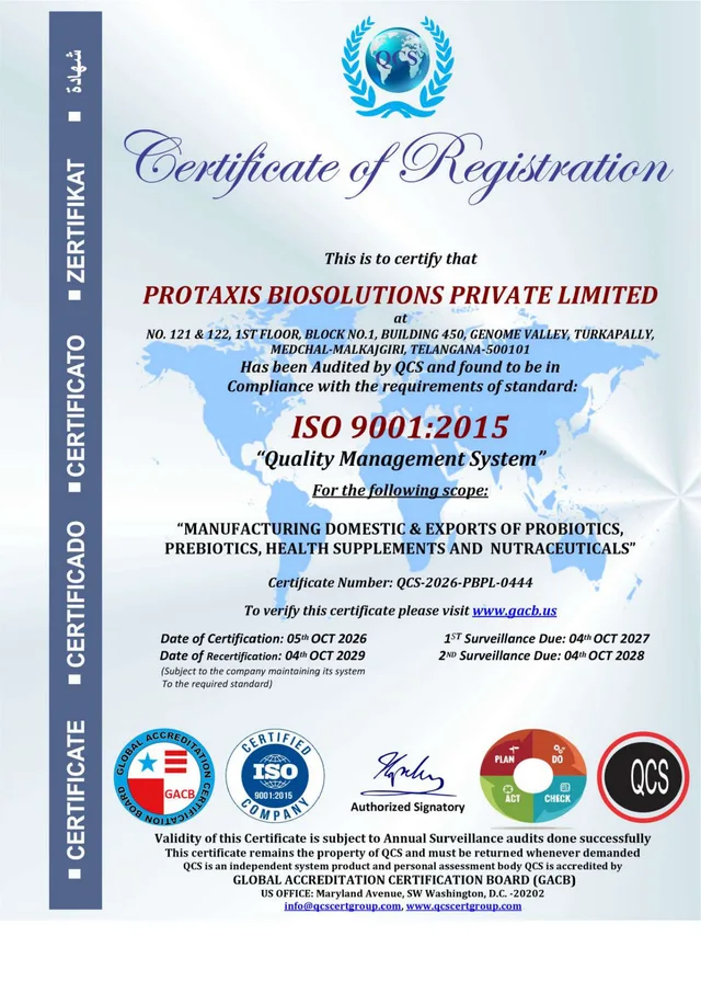 ISO 9001:2015 certificate copy supplied by Protaxis Biosolutions
