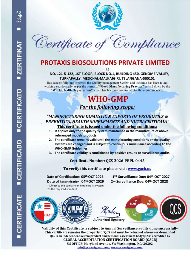 WHO-GMP certificate copy supplied by Protaxis Biosolutions