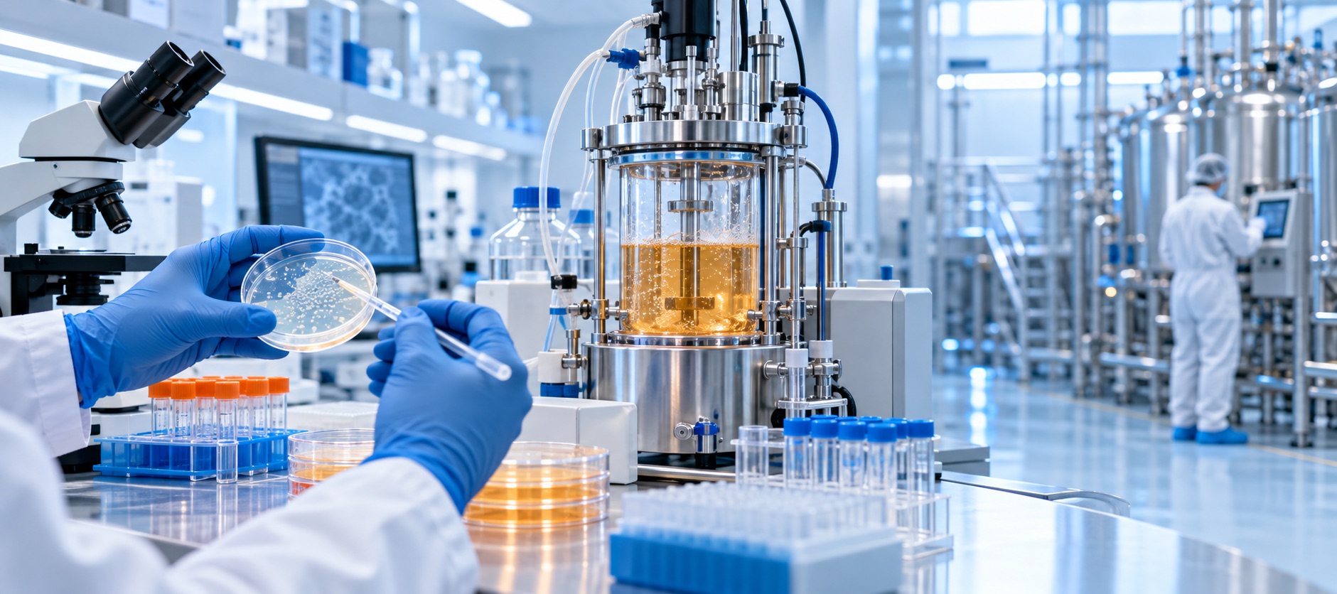 Conceptual biotechnology scene showing laboratory research, a benchtop bioreactor and production equipment